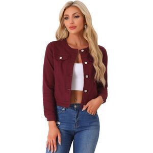 Denim Jacket Button Down Collarless Long Sleeve Jean Jacket Dark Red